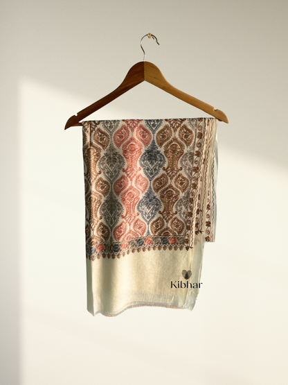 Fine wool Jaal thread work shawl- White