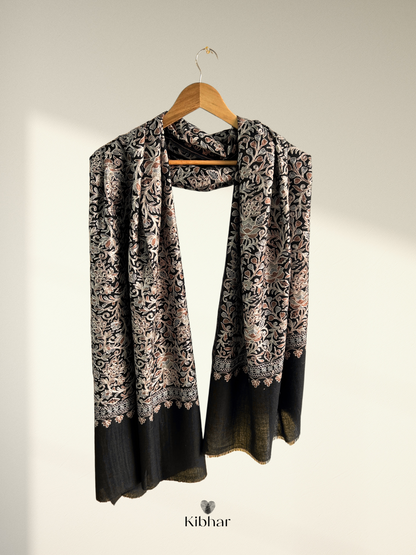 fine wool Jaal thread work shawl- Black