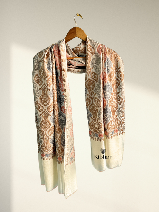 Fine wool Jaal thread work shawl- White