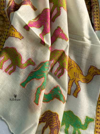 Cream Pure fine wool Stole with Camel weaving