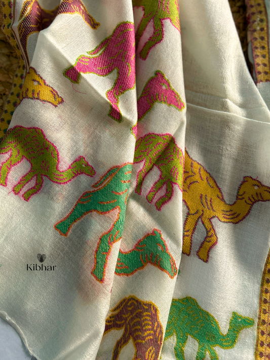 Cream Pure fine wool Stole with Camel weaving