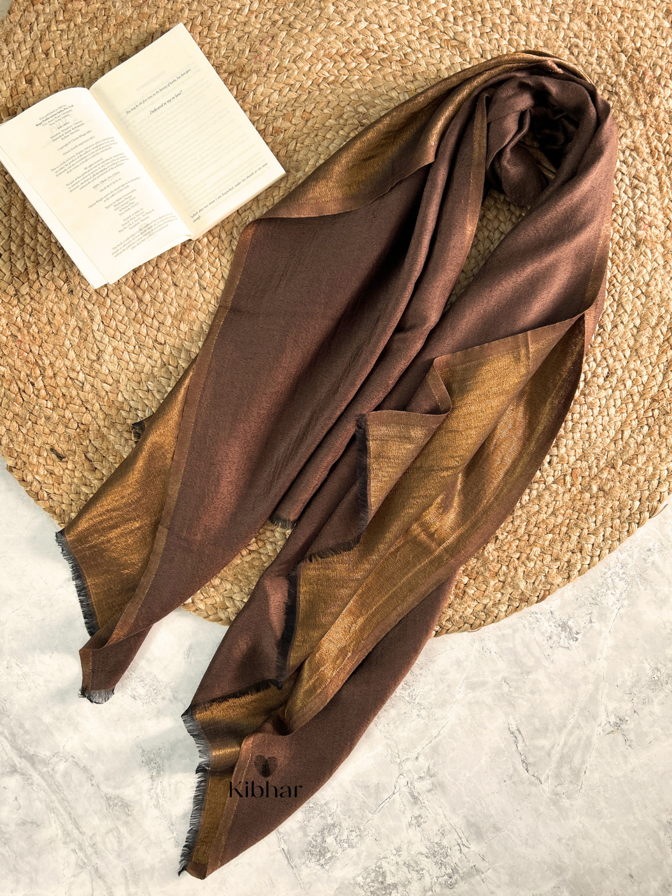 Dual tone fine wool Zari Stole- Dark Brown