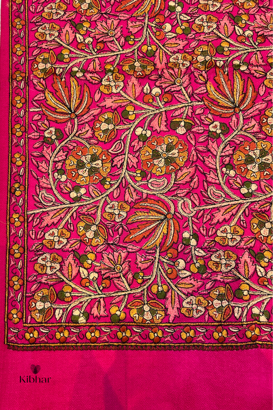 Floral Embroidered Pashmina Stole- Rani Pink