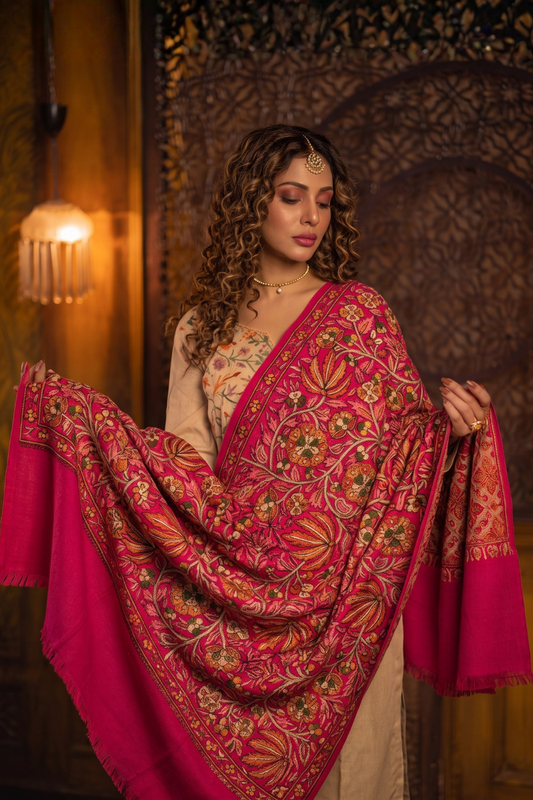 Floral Embroidered Pashmina Stole- Rani Pink
