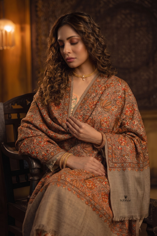 Elegant Floral Embroidered Pashmina Stole- beige