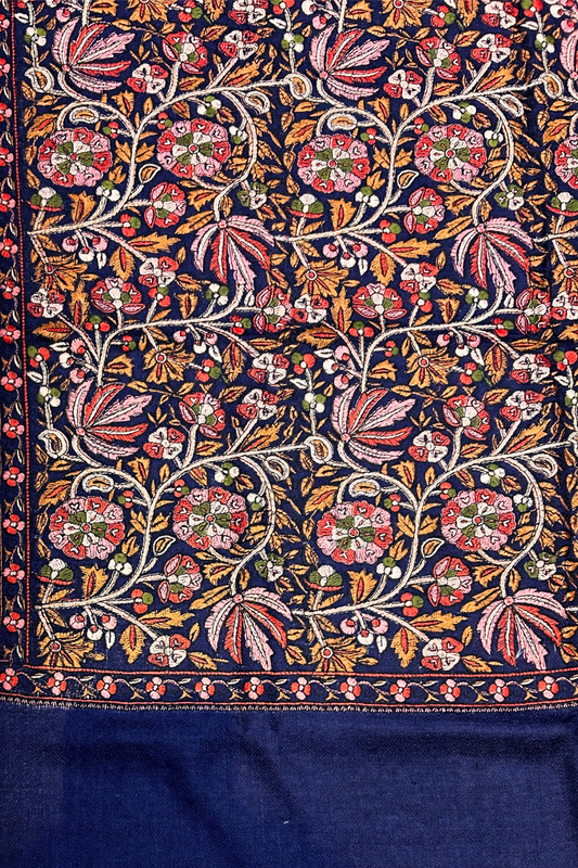 Floral Embroidered Pashmina Stole- Navy Blue