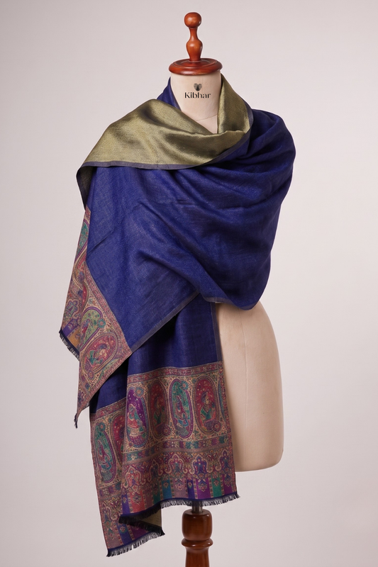 Woven Regal Zari Dual Tone Pashmina Stole- Navy Blue