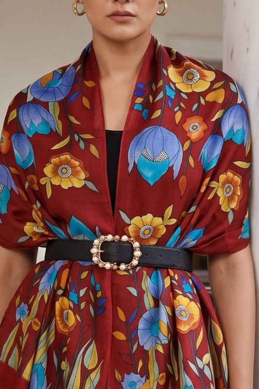 Floral hand painted pashmina stole- Base Deep Red