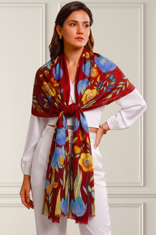 Floral hand painted pashmina stole- Base Deep Red