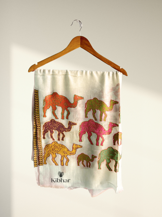 Cream Pure fine wool Stole with Camel weaving