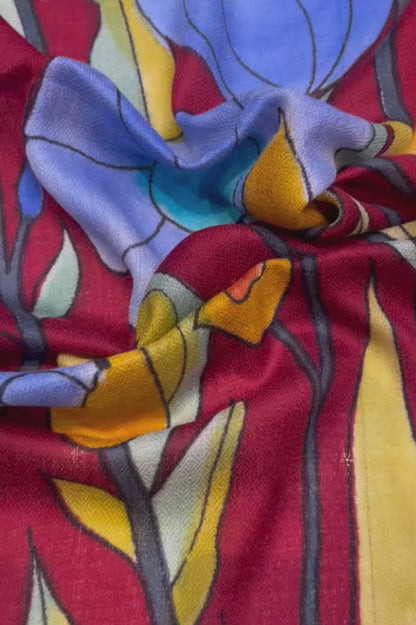 Floral hand painted pashmina stole- Base Deep Red