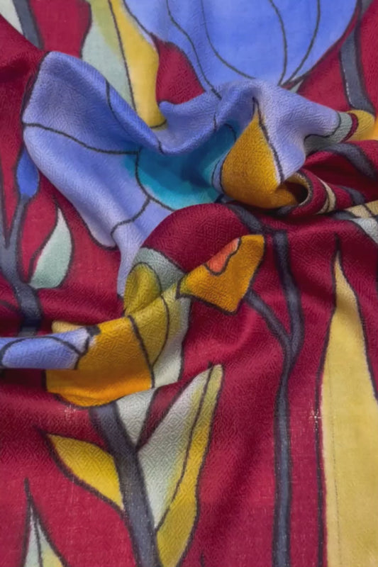 Floral hand painted pashmina stole- Base Deep Red