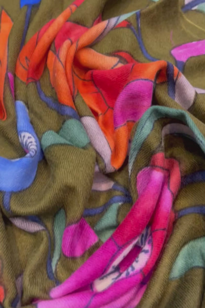 Floral hand painted pashmina stole- Base Olive