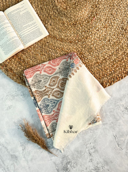 Fine wool Jaal thread work shawl- White