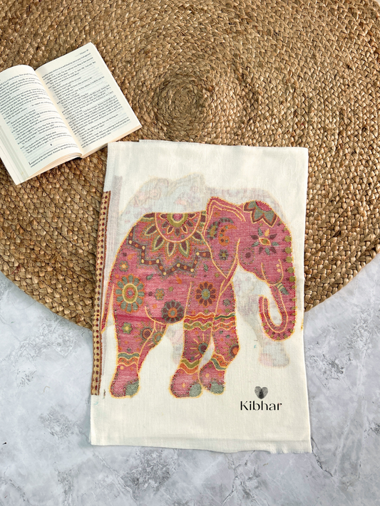 Cream Pure fine wool Stole with elephant weaving