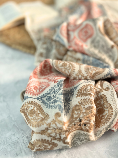 Fine wool Jaal thread work shawl- White