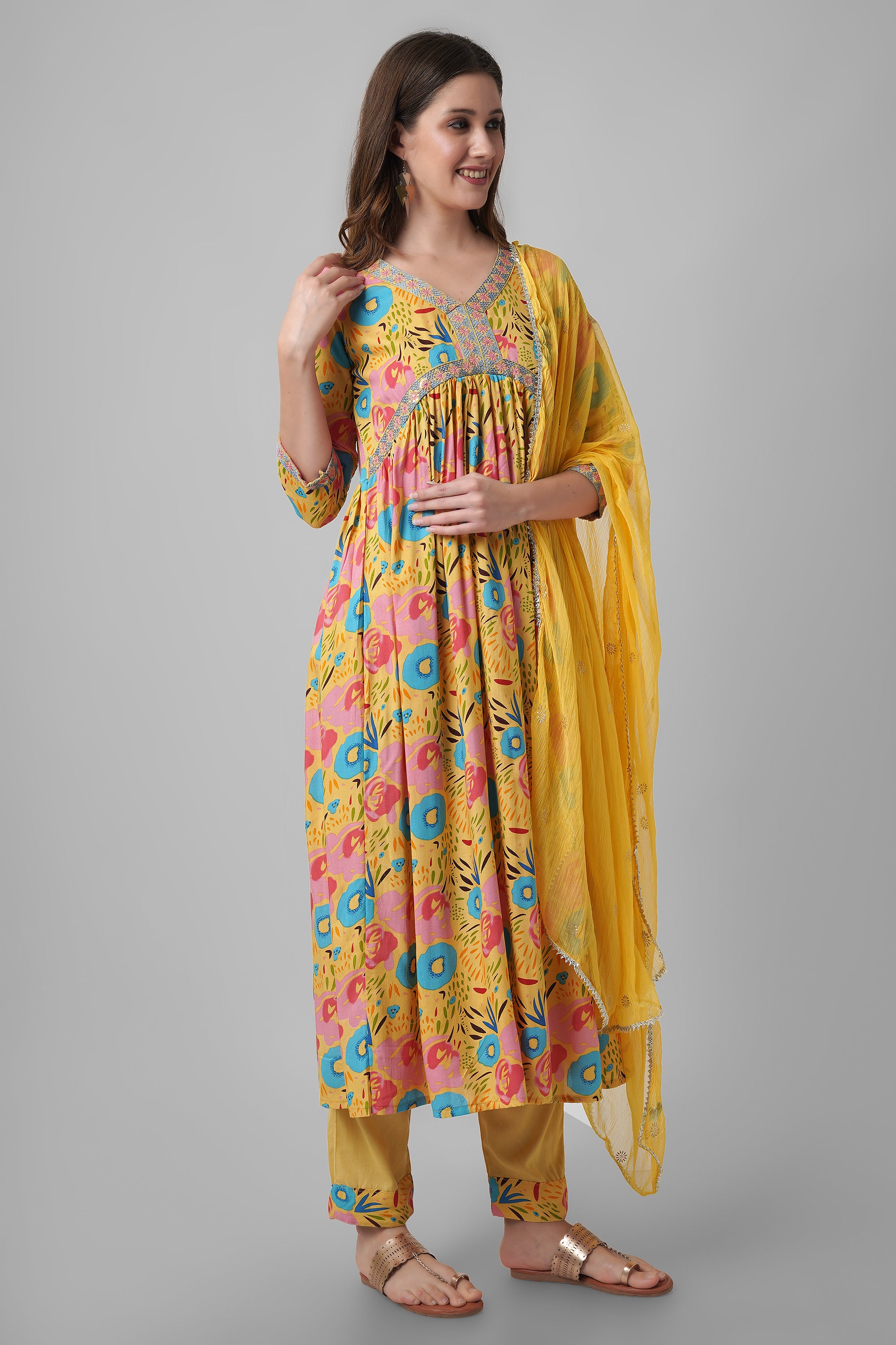 Yellow floral aliya cut kurti set