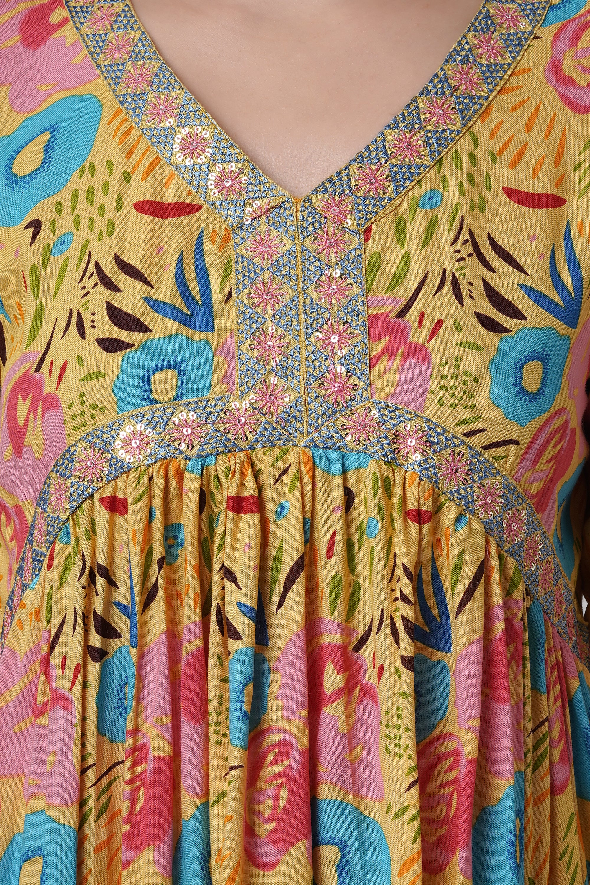 Yellow floral aliya cut kurti set