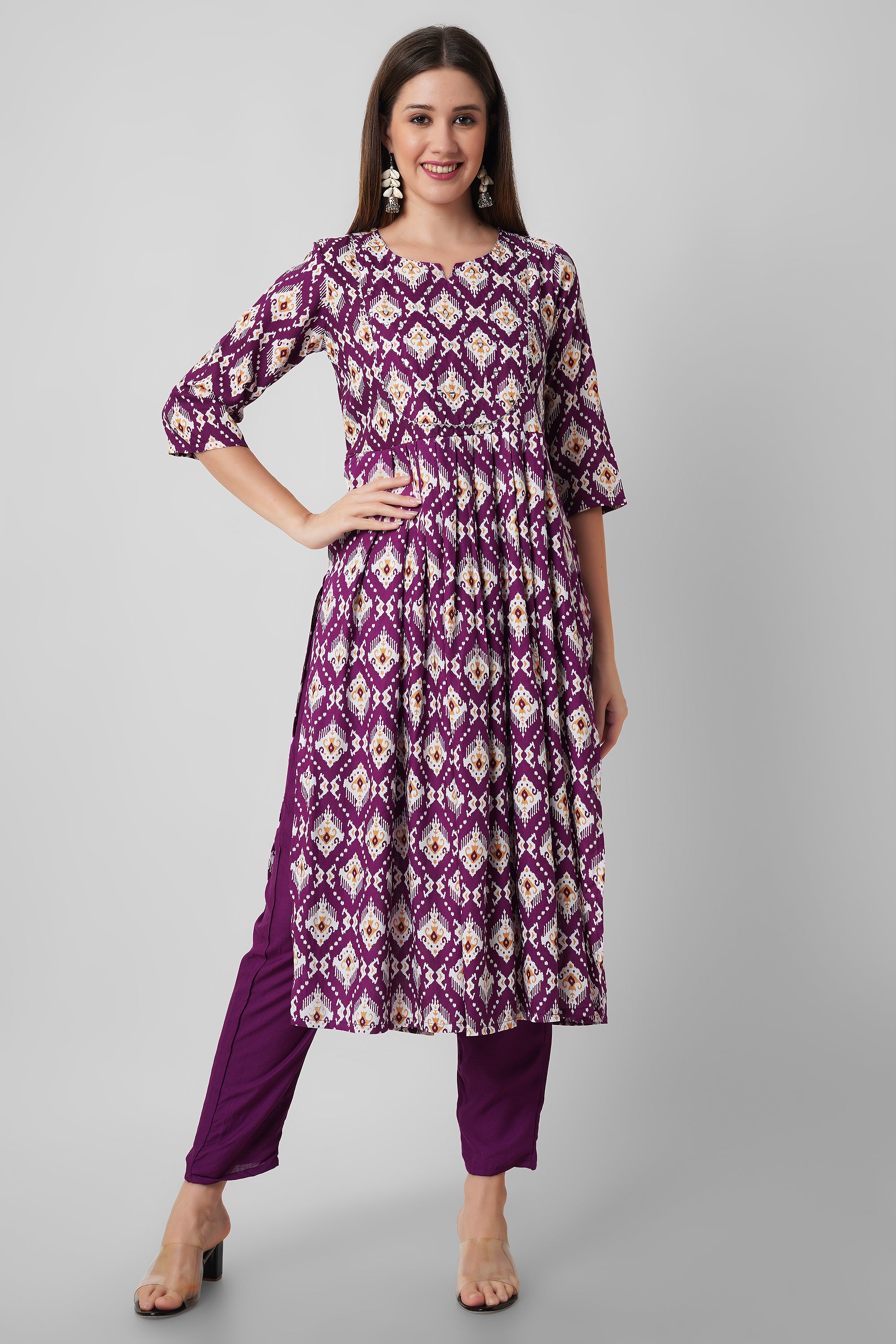 Purple printed nayra cut kurti