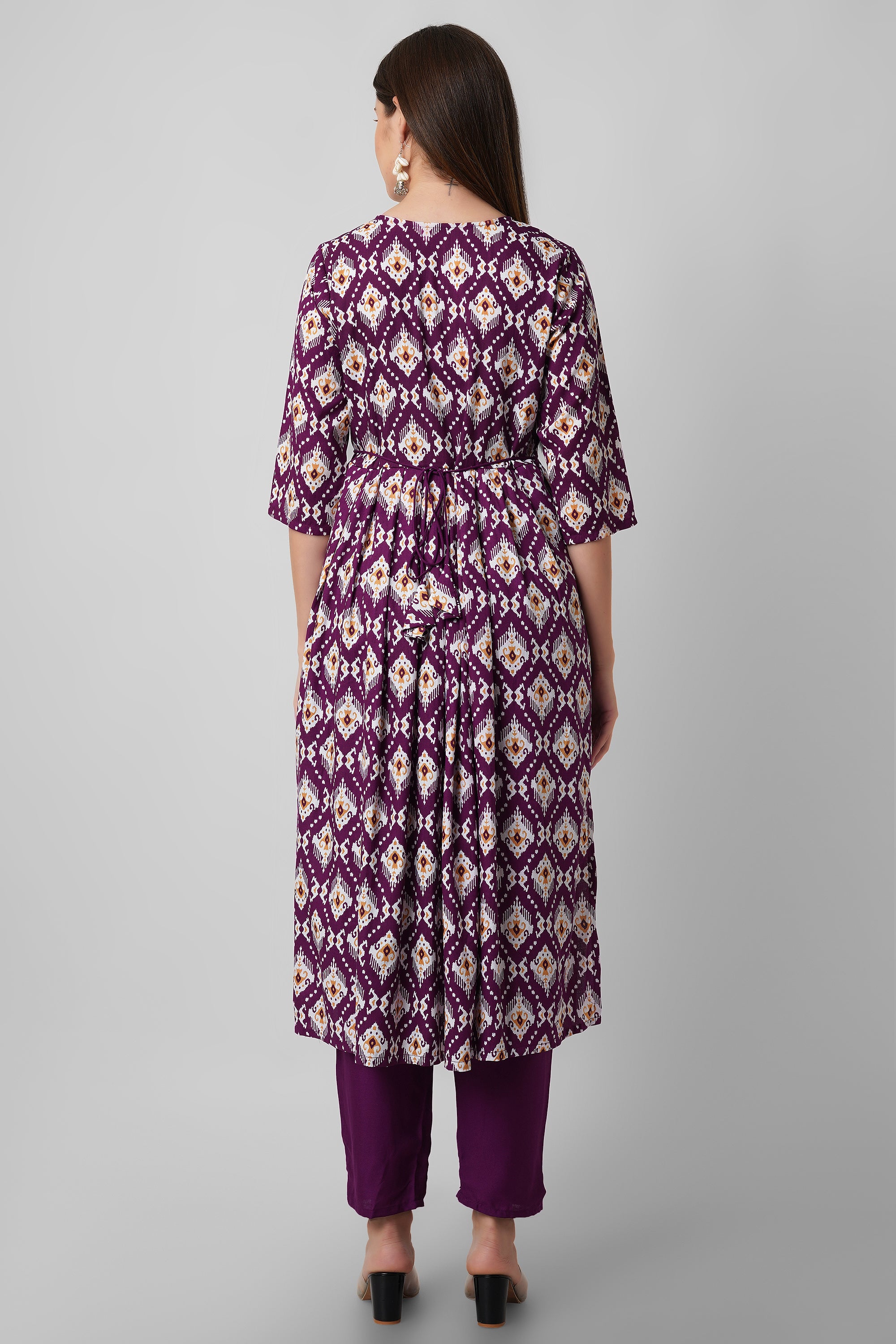 Purple printed nayra cut kurti