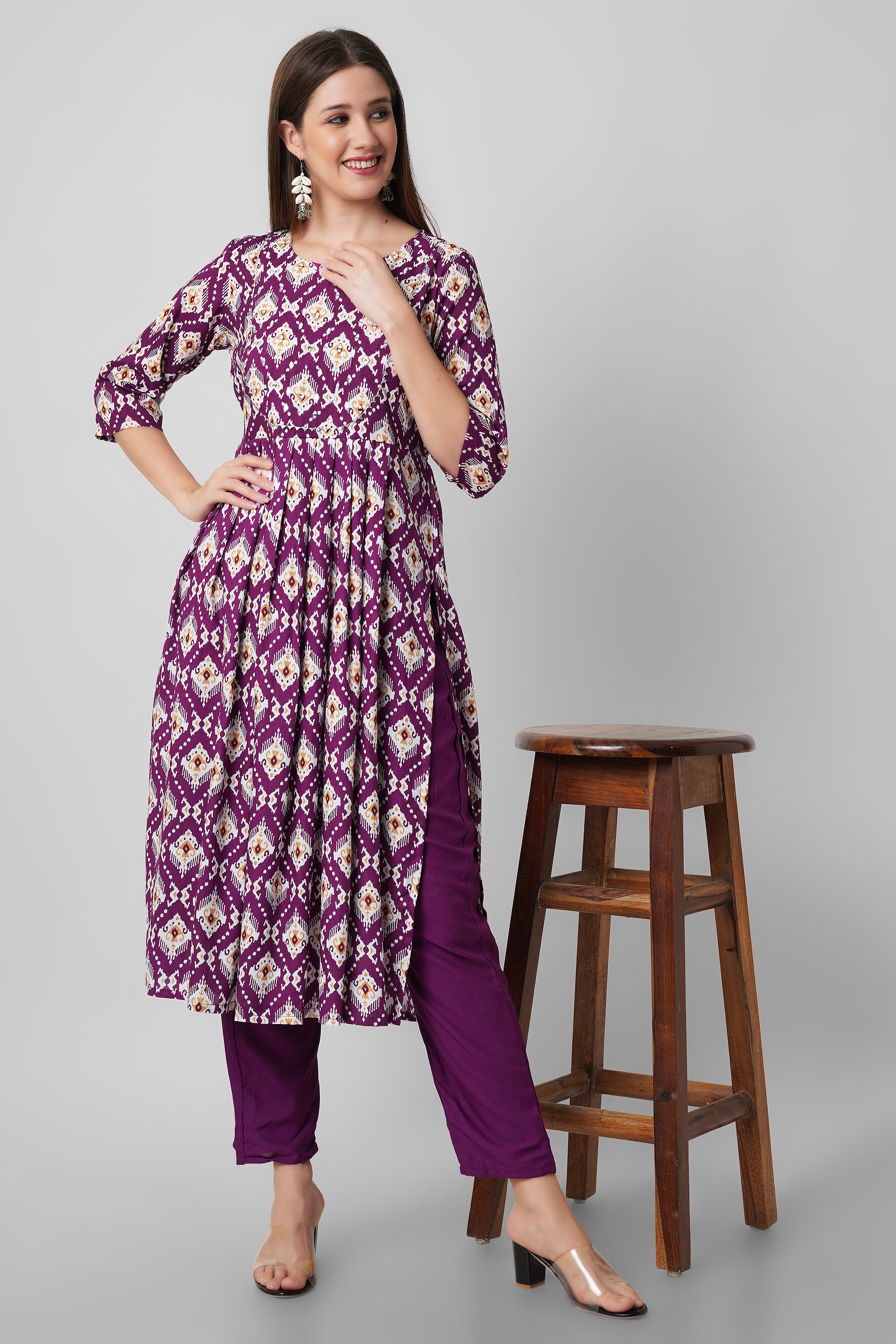 Purple printed nayra cut kurti