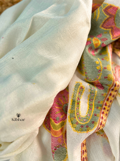 Cream Pure fine wool Stole with elephant weaving