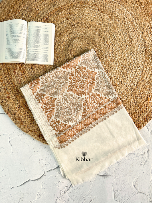 Golden Brown Thread work pure fine wool Stole