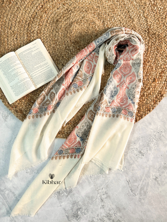 Fine wool Jaal thread work shawl- White