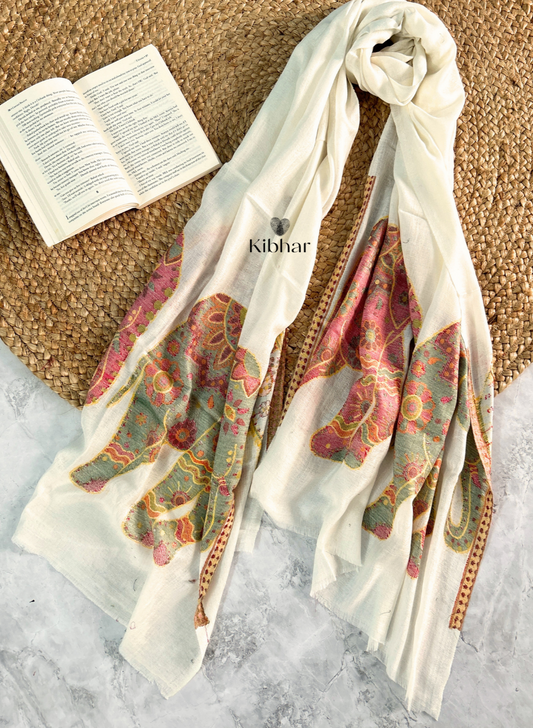 Cream Pure fine wool Stole with elephant weaving