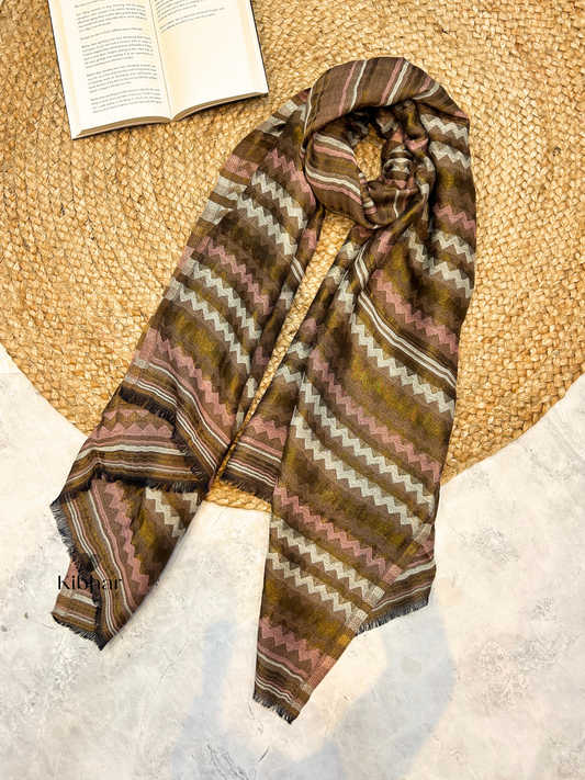 Fine wool Zari self texture stole- Brown